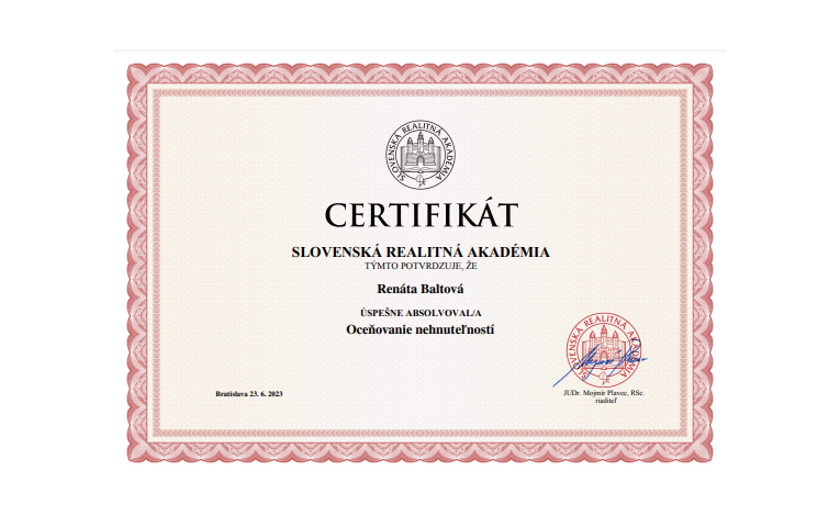 CERTIFIKÁT - SLOVENSKÁ REALITNÁ AKADÉMIA -rea OCEŇOVANIE NEHNUTEĽNOSTI l Renáta Baltová RSc.